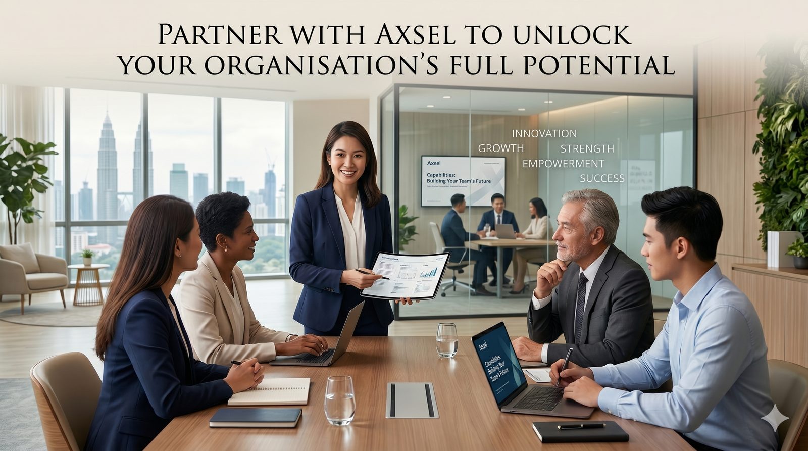 Partner with Axsel: presenter with team in KL skyline boardroom