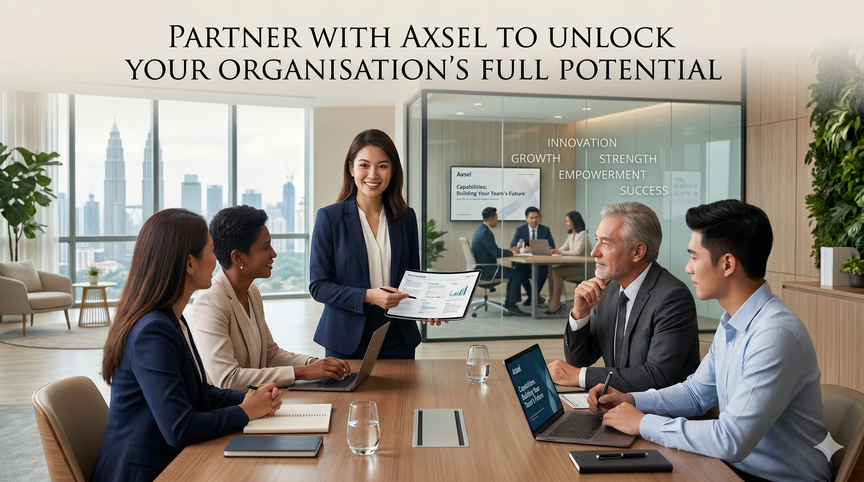 Partner with Axsel — presenter with team in KL skyline boardroom